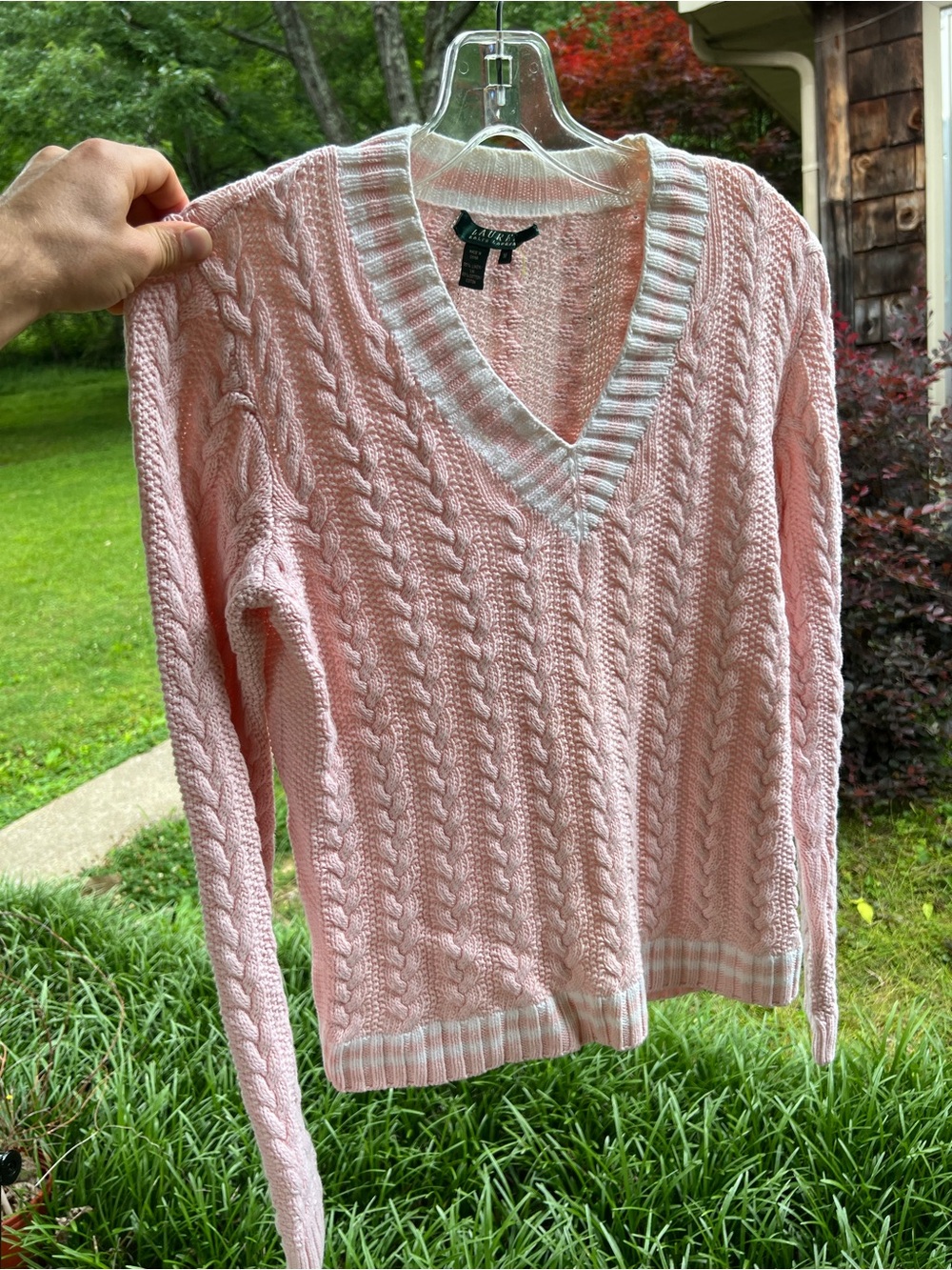 Ralph Lauren Pink Cable-Knit V-Neck Sweater with White Trim